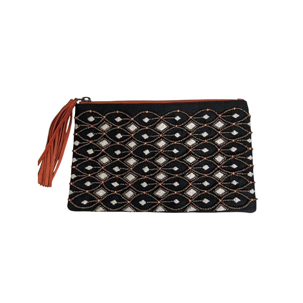 Ten79LA Grace Clutch Suede embellished w/Glass & Resin Beads w/Tassel Handmade